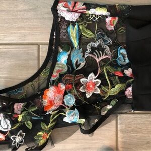 Black Sheer Mesh Top with Colorful Floral Embroidery